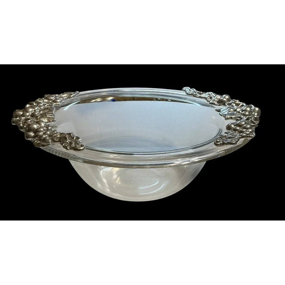 Arthur Court Vintage Glass Serving Bowl Aluminum Grape Edging Handles 1998
